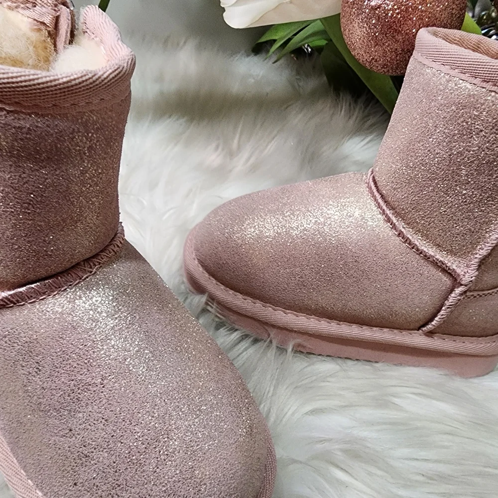 BEARPAW Elle Exotic Youth Classic Suede Pink Glitter boots new